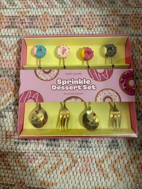 Sprinkle Dessert Set - Pink & Gold Donut Handle Dessert Forks and Spoons